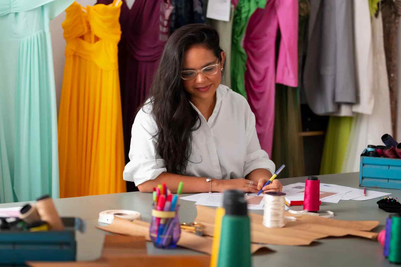 Designer and maker exchanging product direction around materials and samples