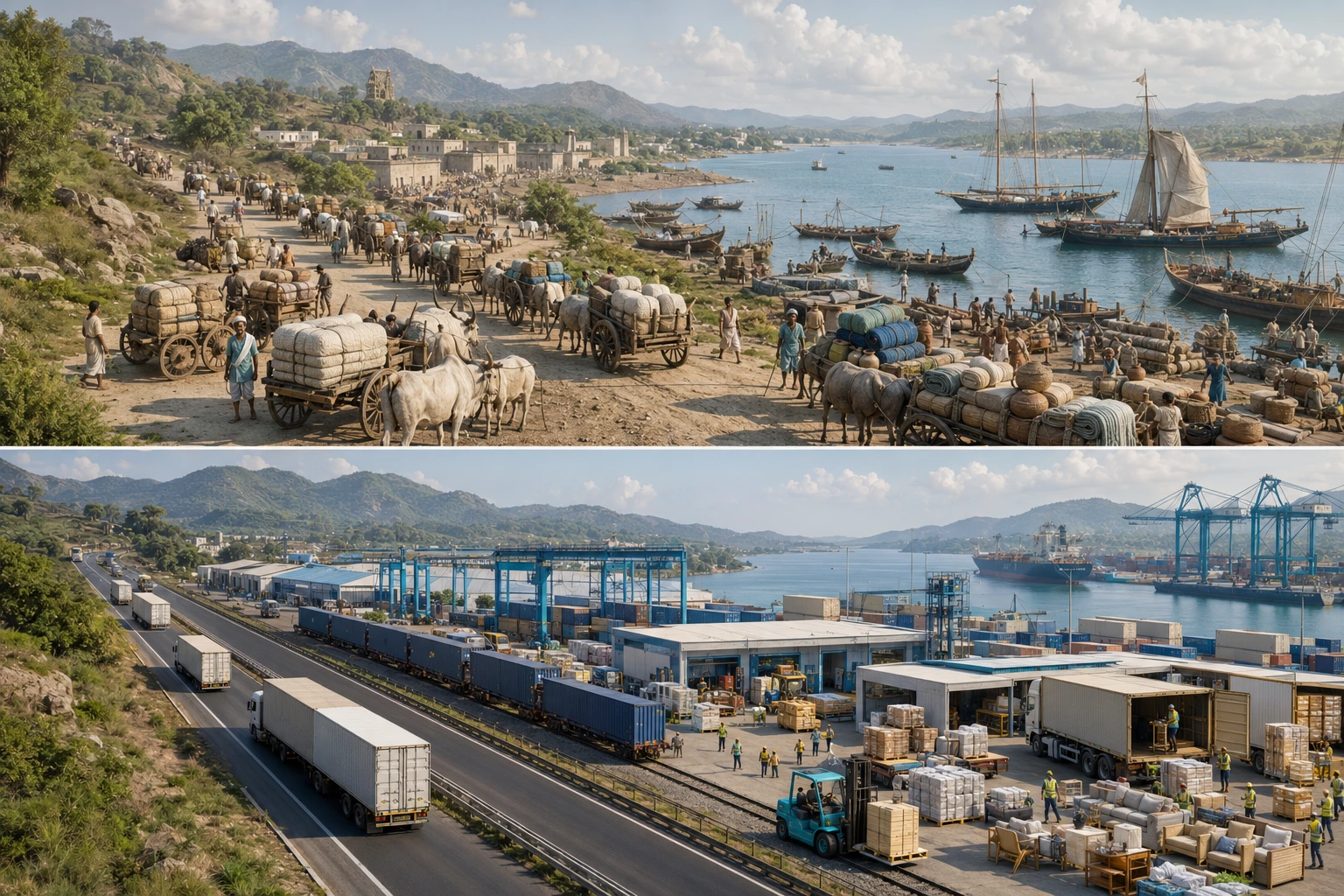 Inland logistics: artistic comparison of Indian trade activity around the fourth to sixth centuries CE and in 2026