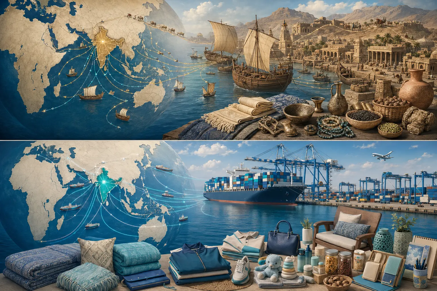 Shipping & trade routes: artistic comparison of Indian trade activity around the fourth to sixth centuries CE and in 2026