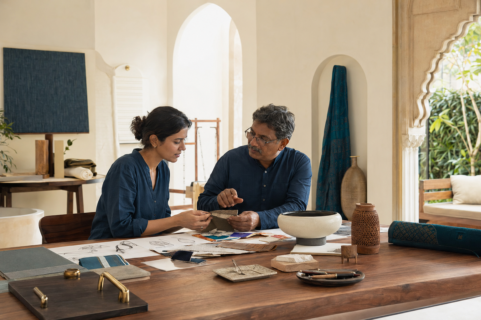 Designer and maker exchanging product direction around materials and samples